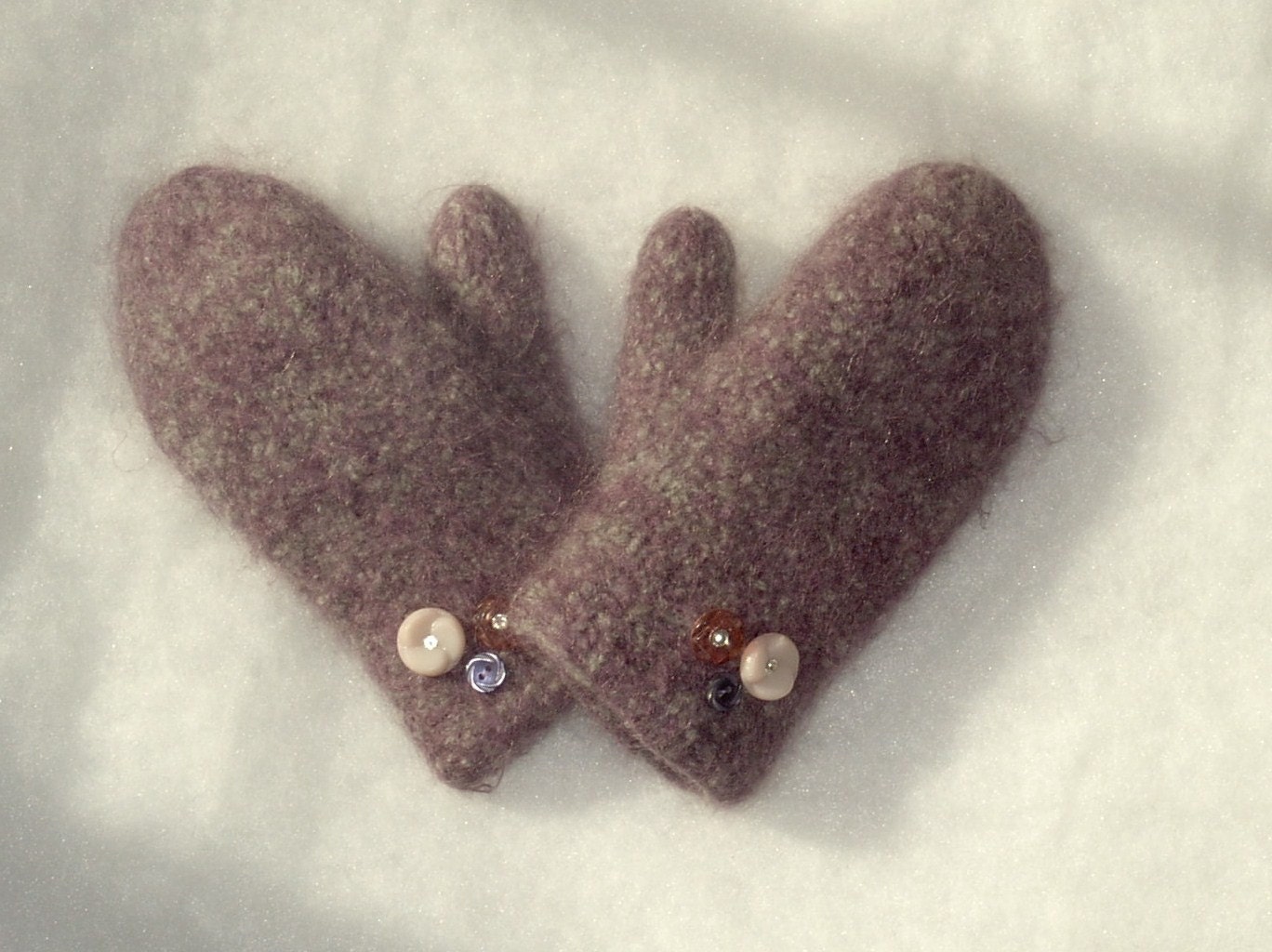 Handknit Mittens felted wool with Vintage Buttons