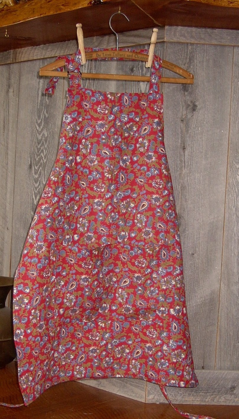 Full Apron 100% Linen Red Blue Green Floral Print