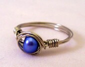 Blue Wire wrapped Freshwater Pearl ring - Made to Order