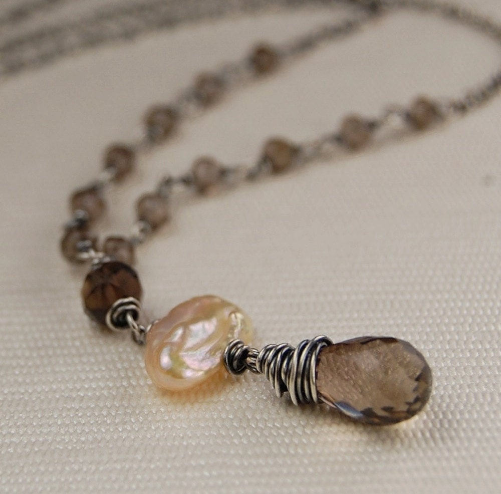 Smoky quartz and keshi pearl necklace, oxidized sterling silver, wire wrapped jewelry "Cafe au lait" handmade, rustic, earth tones