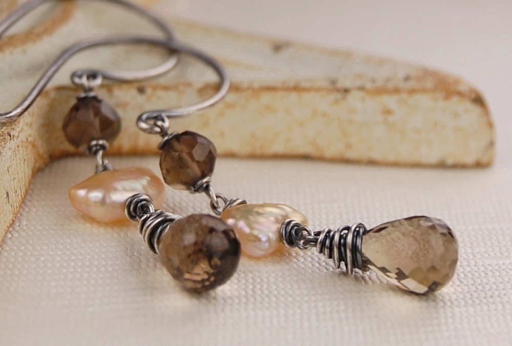Smoky quartz and keshi pearl earrings oxidized sterling silver, wire wrapped jewelry "Cafe au lait" handmade, rustic, earth tones