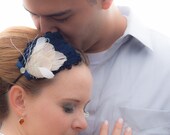 BRISTOL- Navy Blue and Ivory Curled Goose Peacock Feather Headband