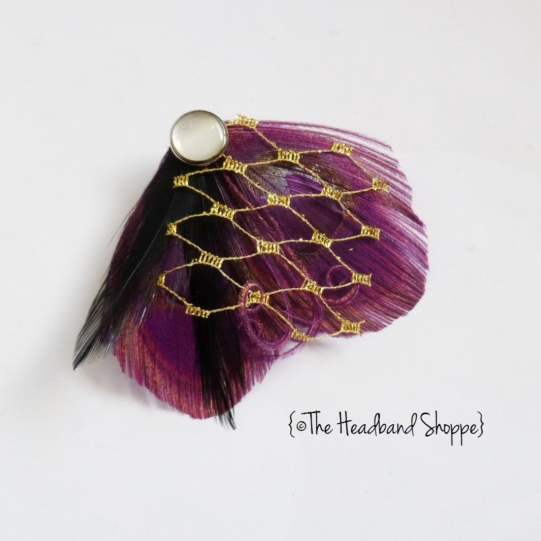 Small Purple and Gold Peacock Feather Hairclip with Black Accent Feathers