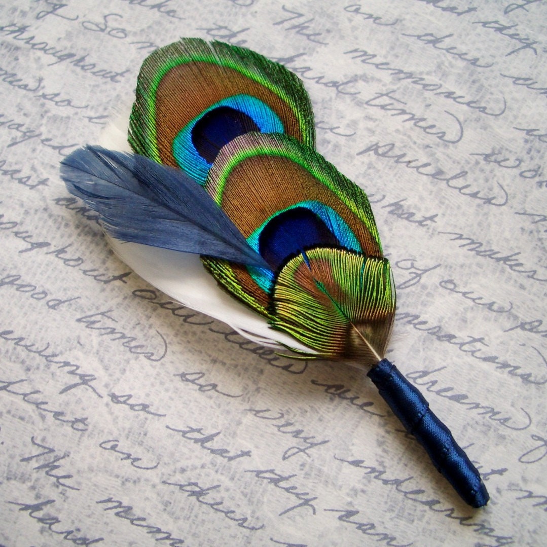 ECHO Peacock Boutonniere Lapel Pin - Custom Designed in Ivory and Navy Blue