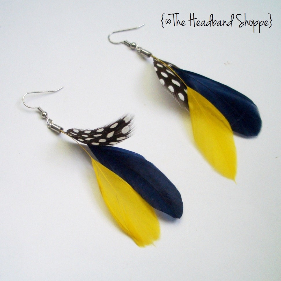 NOTRE DAME  - Navy Blue and Gold - Light Coque Feather Earrings - customizable and made to order