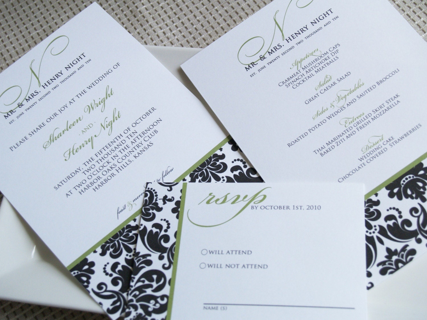 Custom damask wedding invitation four piece set with invitation, reception card, response card, and menu