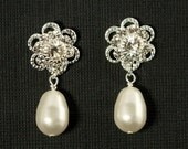 Wedding Earrings -- Studs, Wedding Jewelry, Posts, Rhinestone Pearl Wedding Earrings, Vintage Bridal Earrings, Flower - ROMANCE IN BLOOM