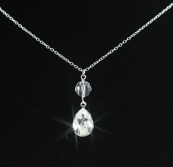 Crystal Rhinestone Bridal Necklace --  Silver Pendant Wedding Jewelry Custom Color Bridesmaid Necklace Swarovski Crystal -- SPARKLE DROP II