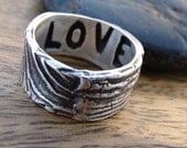 Valentines Day Love Ring. Engravable Faux Bois Ring. Silver Wood Grain Ring