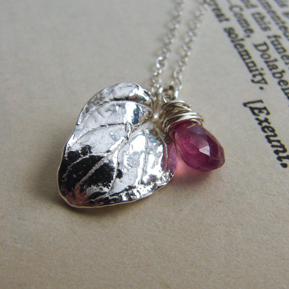 Silver Leaf Pendant w. Pink Gemstone. Leaf Pendant with Pink Stone. October Birthstone Necklace