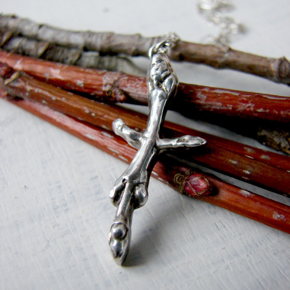 Silver Branch Cross. Twig Cross. Silver Cross. Handmade Cross. Forest Cross. Delicate Cross. Woodgrain Cross