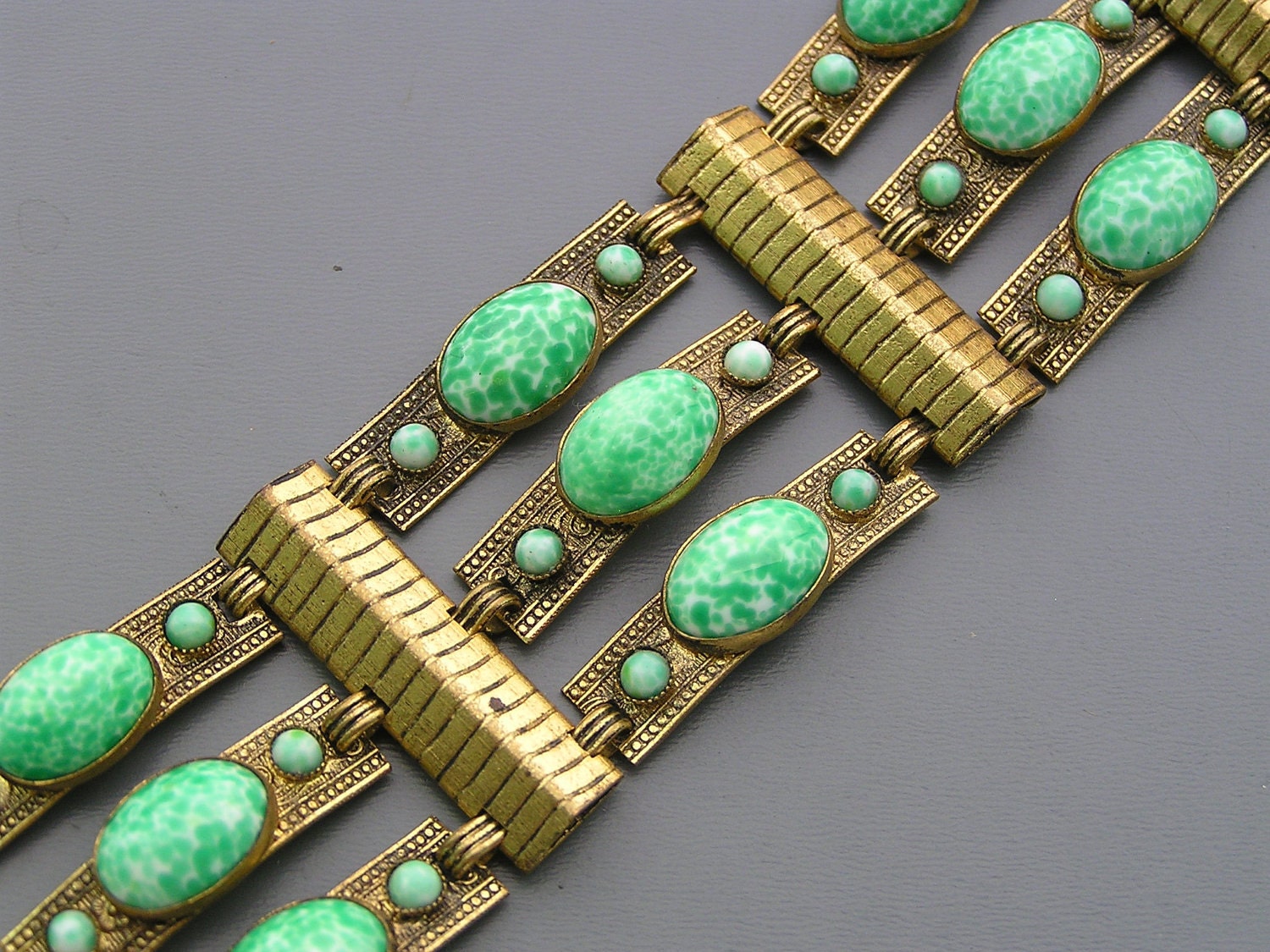 Wide Vintage Czech Peking Glass Brass Bracelet Jewelry