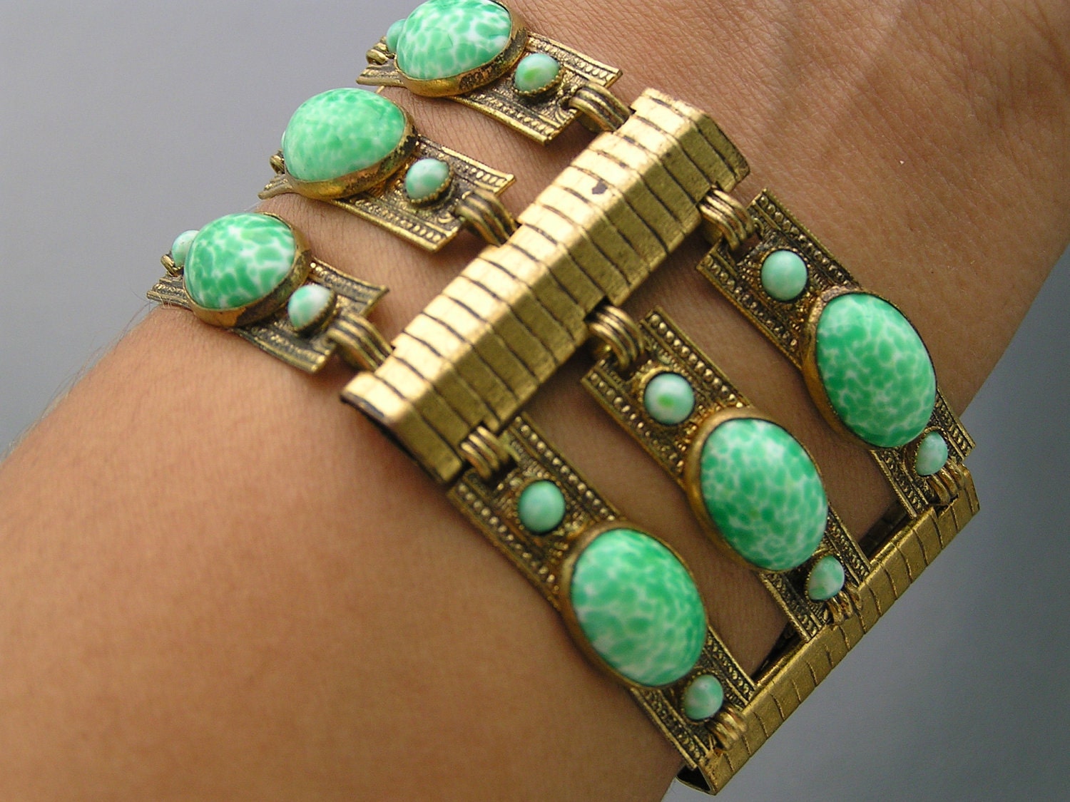 Wide Vintage Czech Peking Glass Brass Bracelet Jewelry