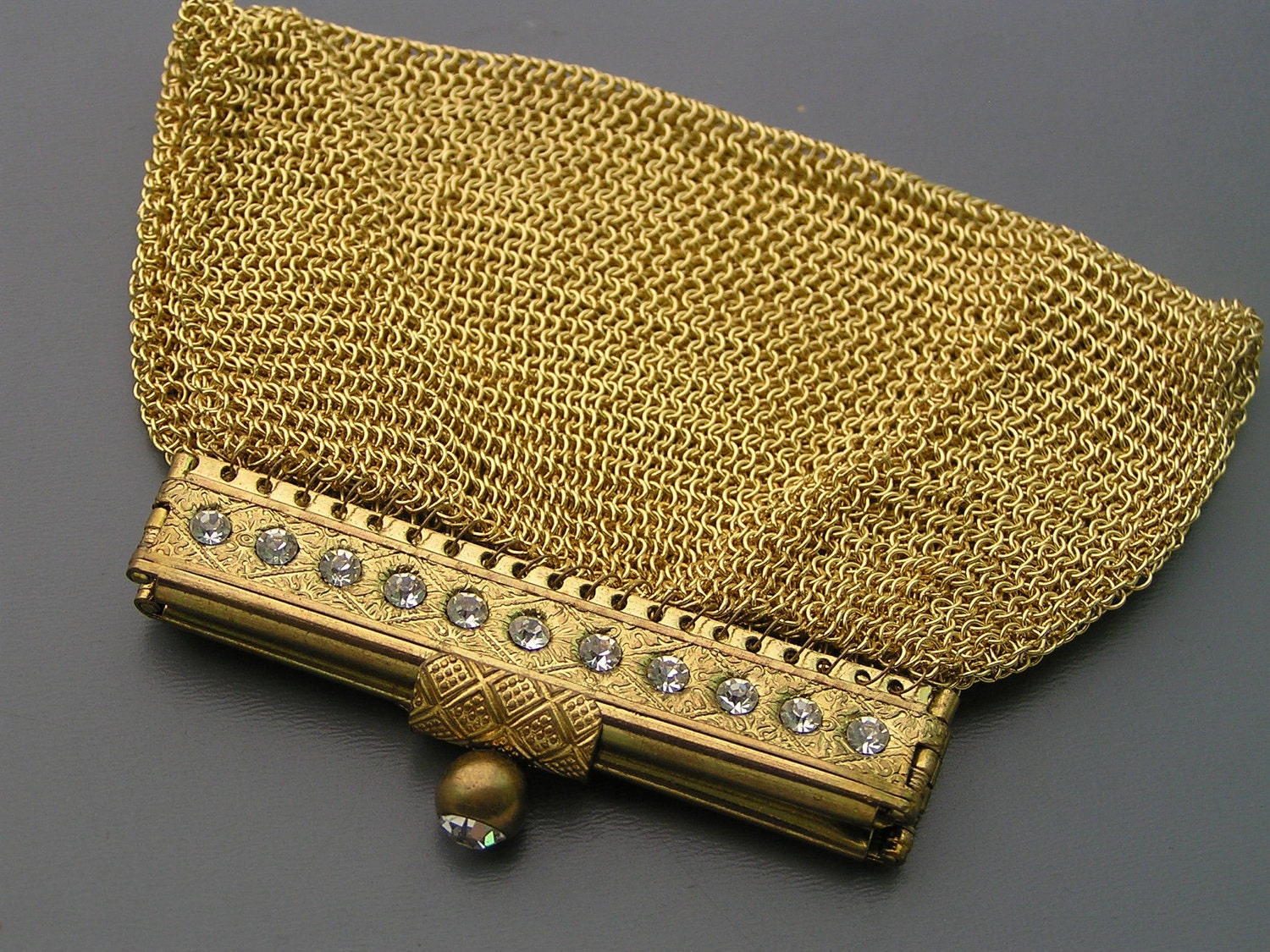 Vintage 1950s Crystal Gold Plated Germany US Zone Mesh Chanteline Coin Purse