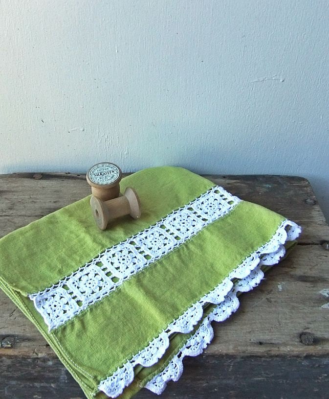 Vintage Green Handtowel with Crochet Detail