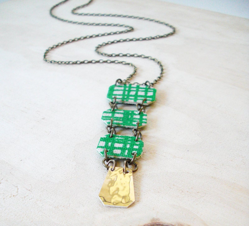 HELLO GREEN - wood, hand screenprinted textile, vinyl, brass necklace