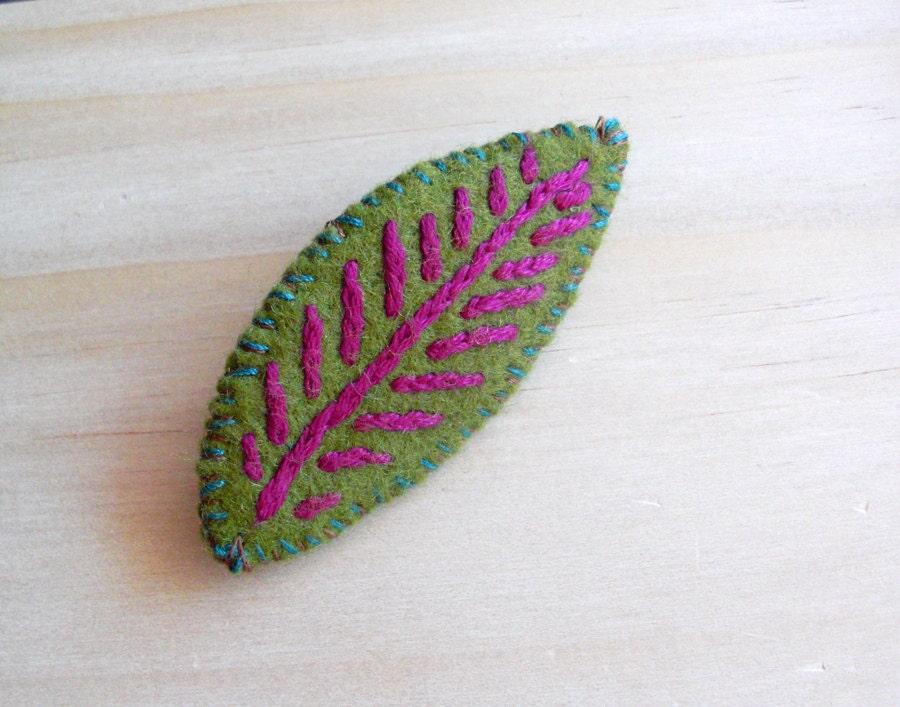 Sale - LEAF brooch, eco felt, hand embroidered