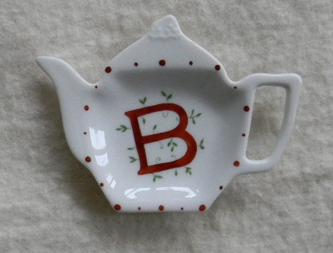 Hand painted porcelain custom monogrammed personalized tea bag holder or tea bag rest