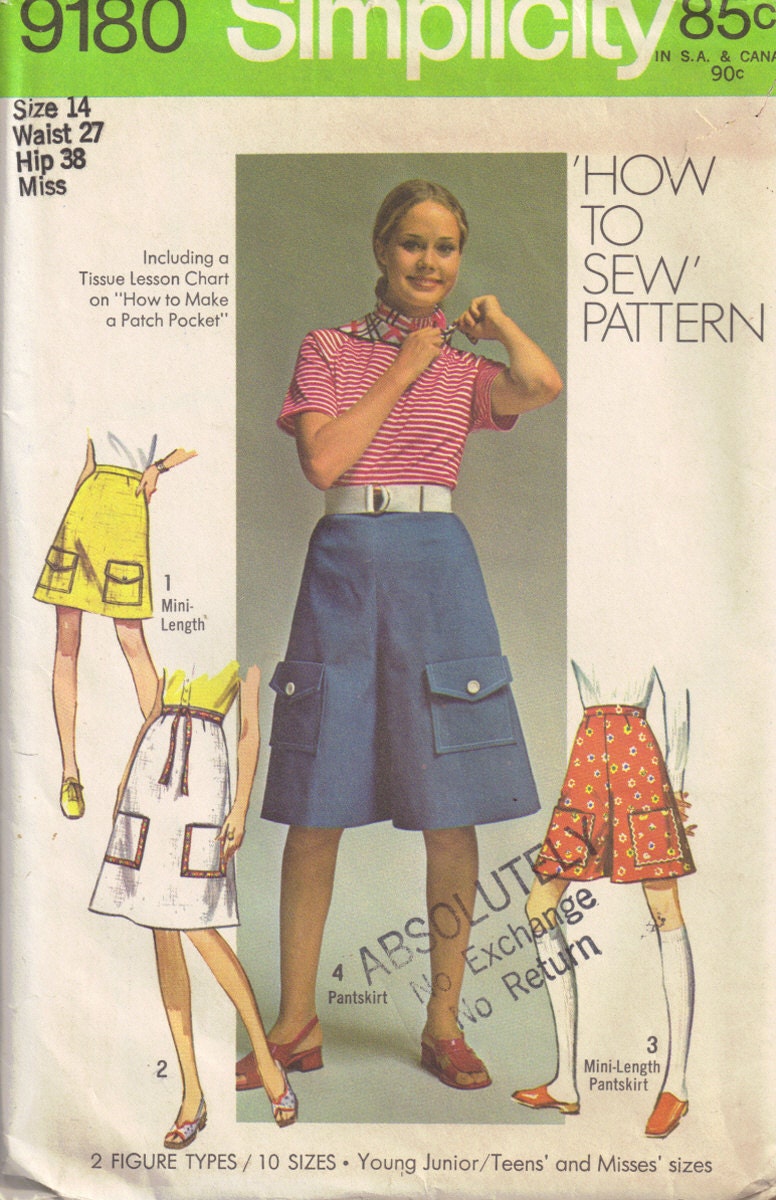 Vintage 1970s Simplicity 9180 Sewing Pattern Skirt and Culottes Gaucho Pants Misses Size 14