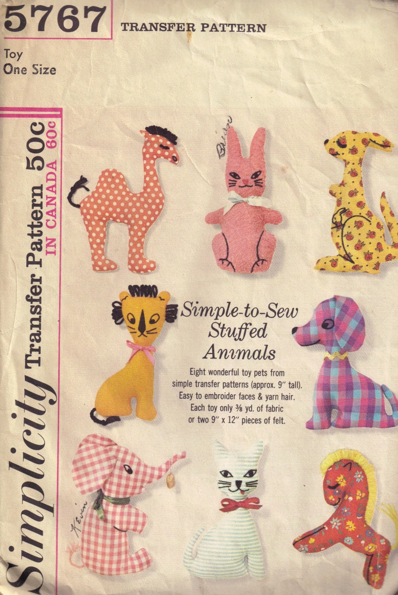 Vintage 1960s Simplicity 5767 Stuffed Animal Embroidery Transfer Pattern, Camel, Bunny, Dog, Horse, Cat, Elephant