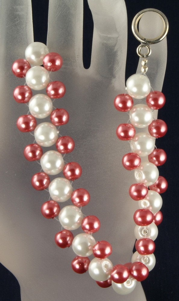 Handmade Faux White Pink Pearl Woven Bracelet