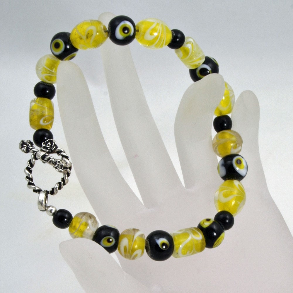 Handmade Yellow and Black Lampwork Bead Bracelet