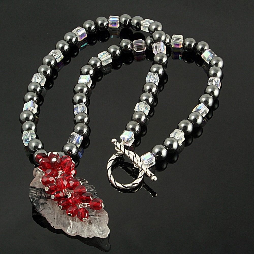 New Lower Price Handmade Black and Gray Fluorite Leaf Necklace
