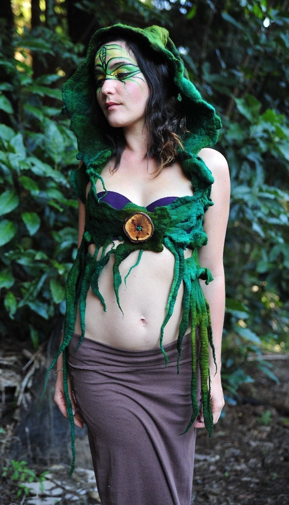 RESERVED for Jenny - Felt Melted Tree Roots Woodland Nymph Warrior Princess Of The Rainforest Vest With Pixie Hood OOAK