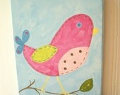 girl kid room decor..baby nursery wall art..original canvas painting..hand painted artwork..11 x 14 bird pink tree "bella the birdie"
