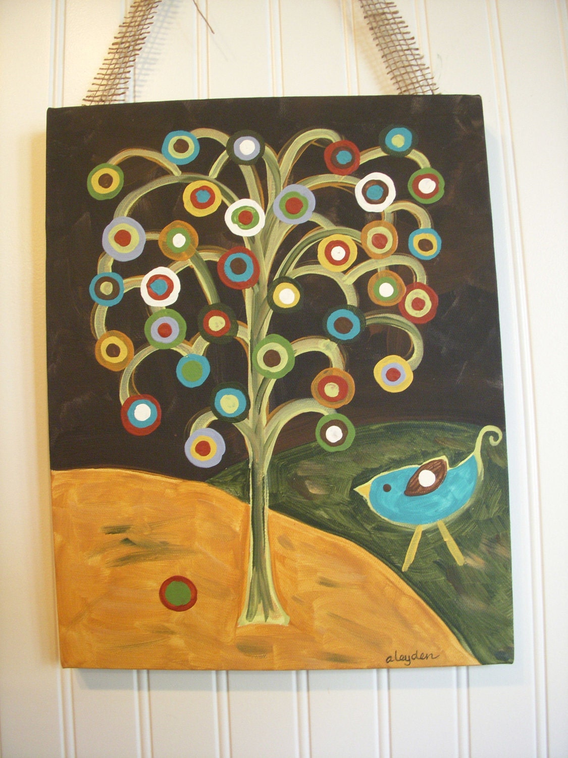Primitive Folk Art Tree of Life..Original Painting..Hand Painted Canvas..11 x 14 Wall Art..Black Turquoise Bird.."Rustic Tree of Life"