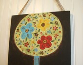 Primitive Folk Art Flower Tree..Original Painting..Hand Painted Canvas..12 x 12 Home Wall Art..Black Turquoise Red.."Floral Tree of Life"