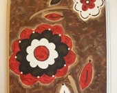 Primitive Folk Art Flowers..Original Painting..Hand Painted Canvas..11 x 14 Home Wall Art..brown, red, white "Burberry Posies"