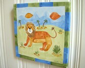 boy kid room decor..baby nursery wall art..original canvas painting..hand painted artwork..12 x 12 safari africa "Leo the Lion"