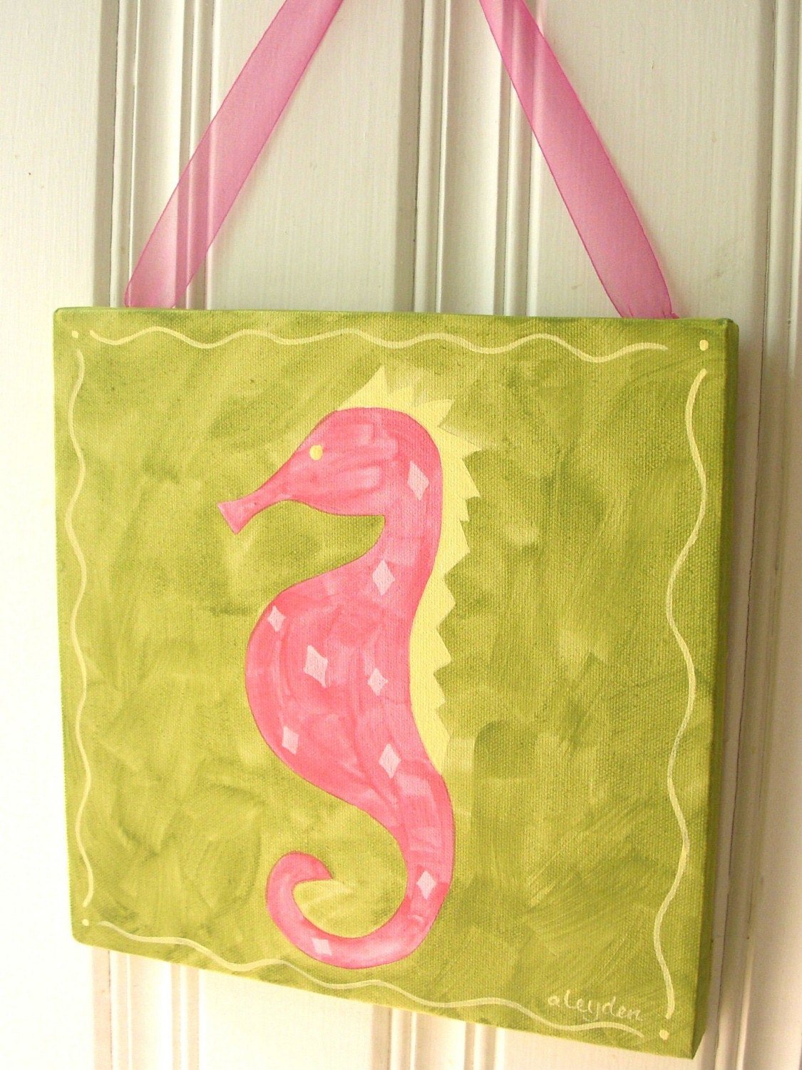 girl kid room decor..baby nursery wall art..original canvas painting..painted artwork..12 x 12 sea horse pink green ocean "sammy sea horse"