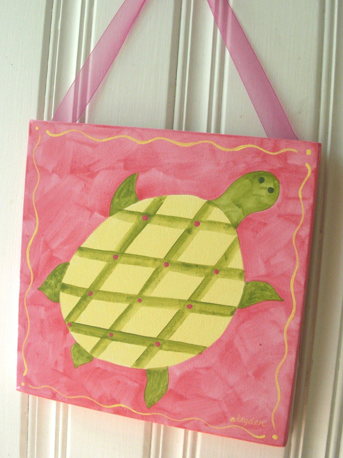 girl kid room decor..baby nursery wall art..original canvas painting..painted artwork..12 x 12 sea horse pink green ocean "sammy sea horse"