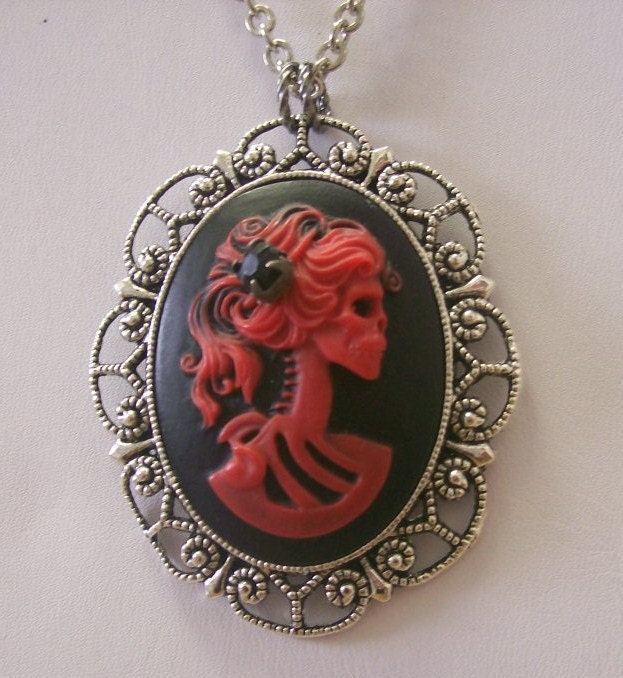RESERVED FOR Jamie Lunkley Zombie Ms Claus,Gothic Lolita Skeleton Bride Cameo Necklace--Ms. Necromancy--Large size-Day of the Dead