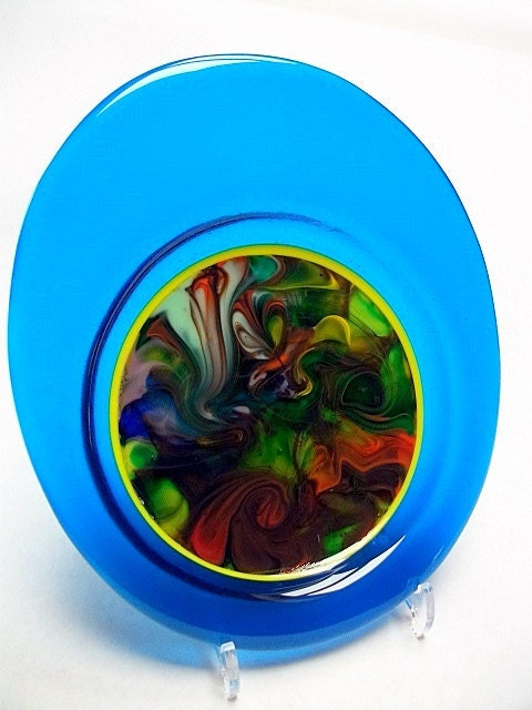 Blue Glass Platter Fused Oval