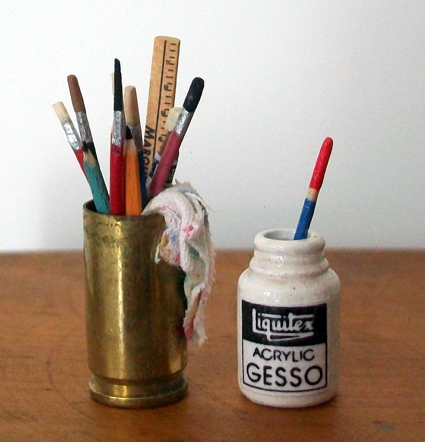 Miniature Gesso Jar and Can of Brushes (1 inch dollhouse scale)