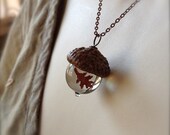 Glass Acorn Necklace - Encased Copper Oak Leaf - Transparent Light Brown by Bullseyebeads