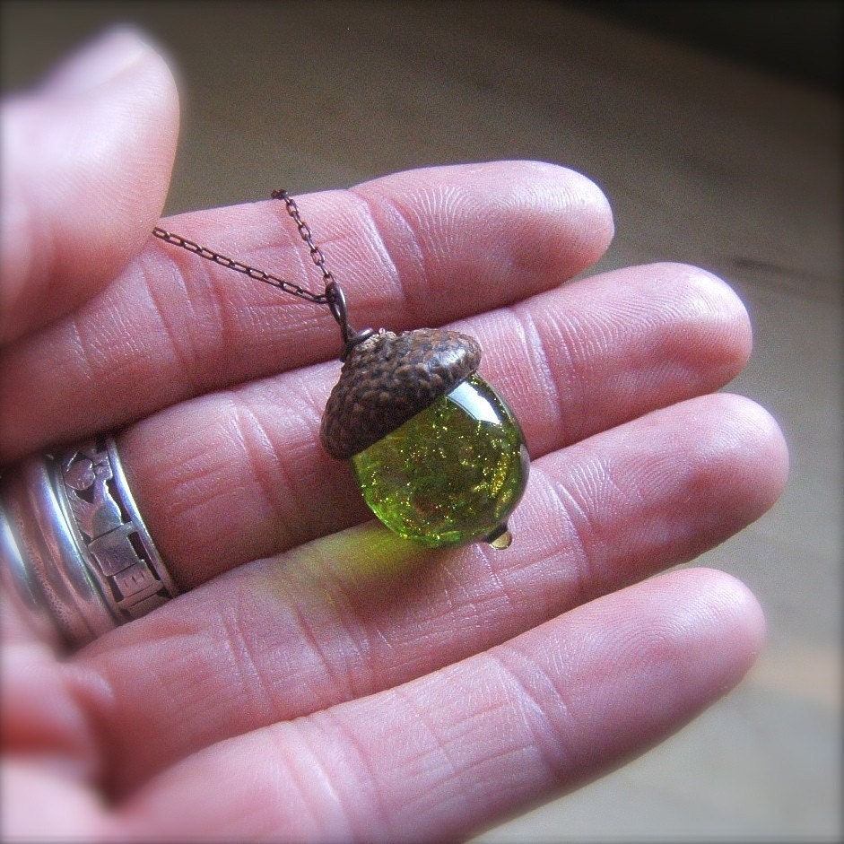 Glass Acorn Necklace - Olivine with Goldstone by Bullseyebeads