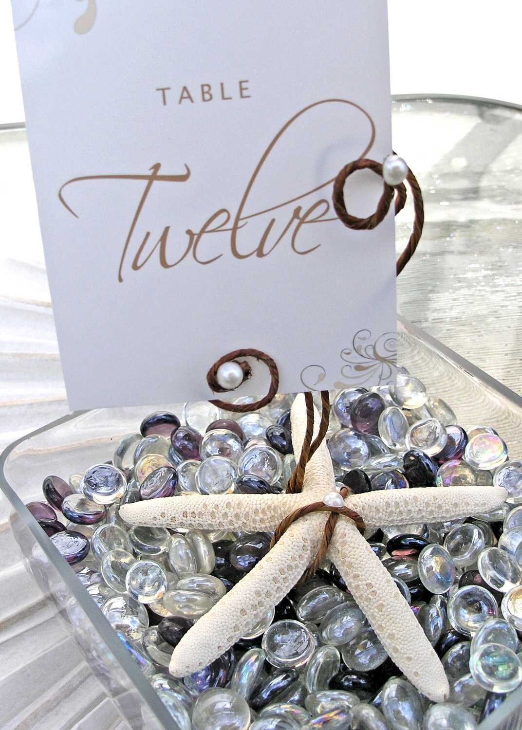 12 Starfish & Pearls Table Number Holders Beach Wedding Decoration