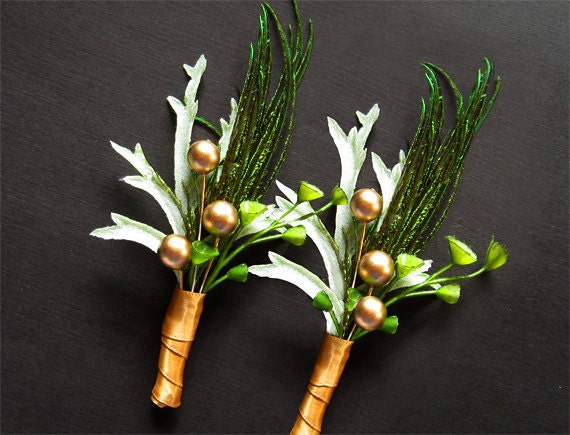 Mens wedding boutonniere green lapel pin gold boutonniere copper boutineer wedding pin groomsmen pin wedding guest pin wedding flower pin