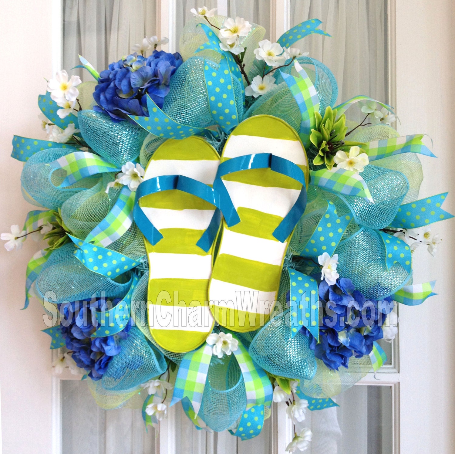 Deco Mesh Wreath Lime Green Blue Stripe Flip Flops