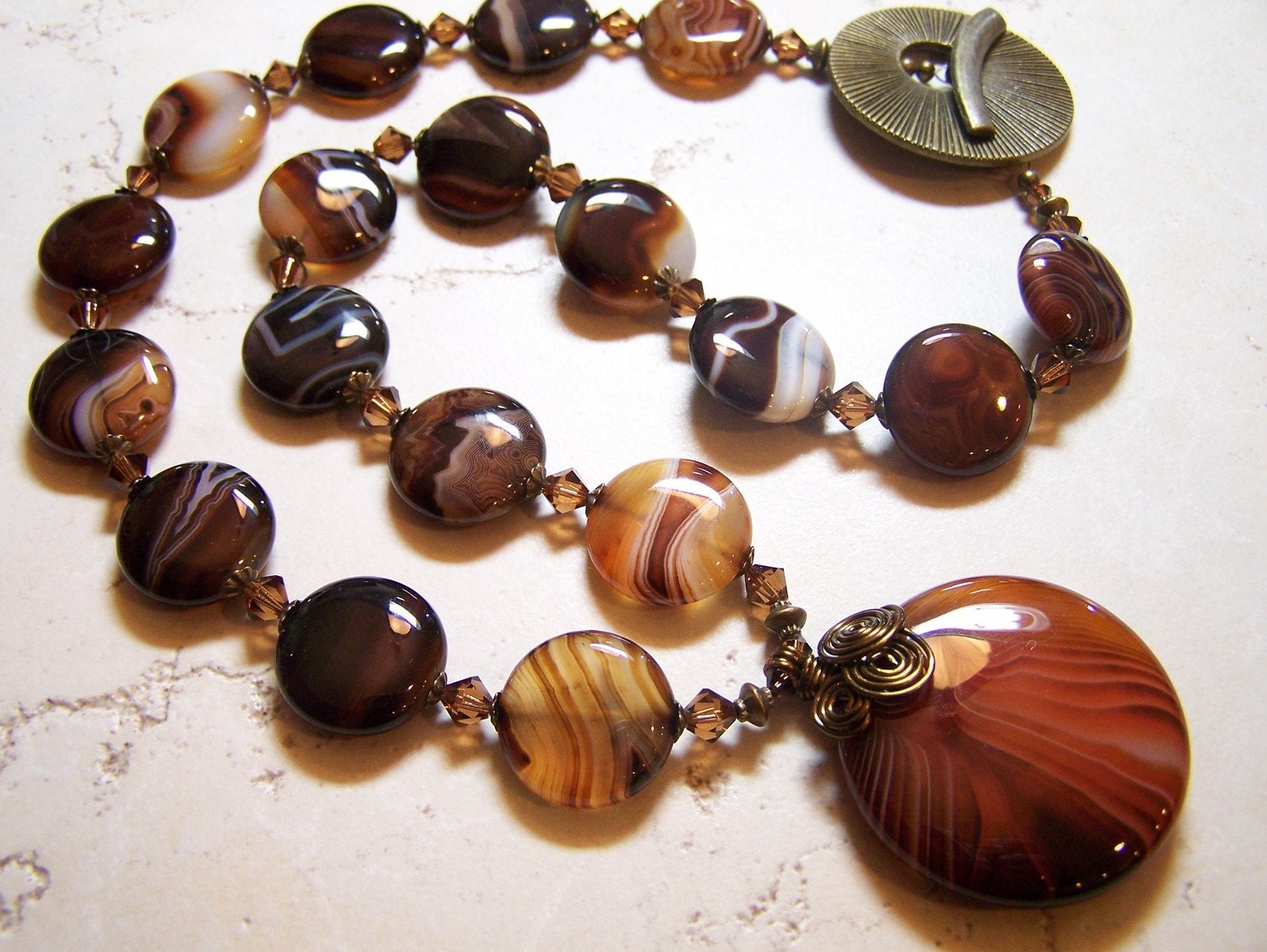 Handmade Jewelry Becklace Beaded Gemstone Madagascar Agate Crystal Autumn Fall Brown Black Antique Brass...Madagascar Sunset