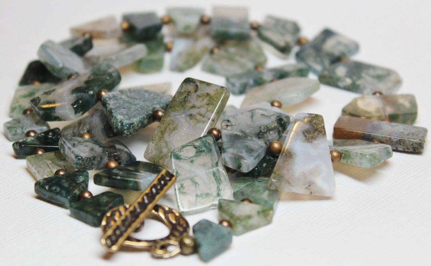Handmade Jewlery Necklace Beaded Gemstone Moss Agate Green Antique Brass Earthy Organic Slabs Fall Autumn...Morning Moss