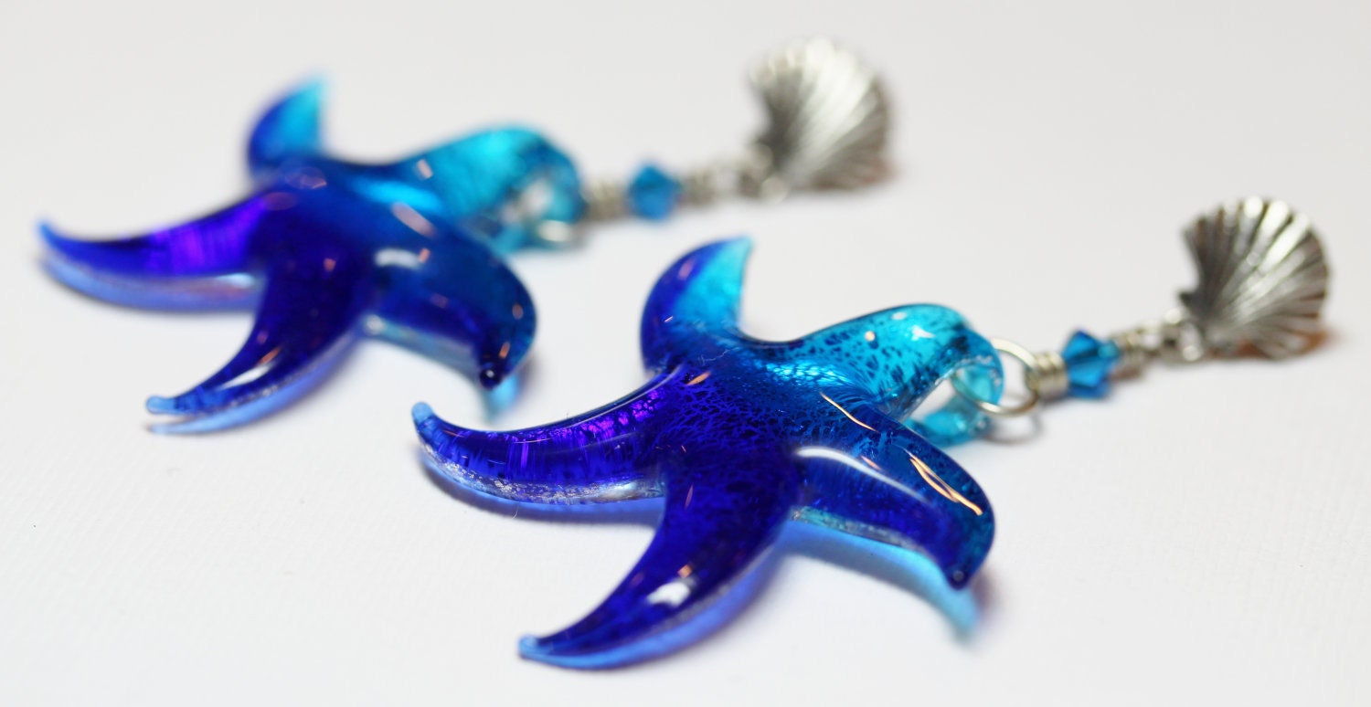 Starfish Earrings Handmade Jewelry Seashell Beach Silver Cobalt Blue Aqua Dichroic Glass Crystal  Star Fish Sea...Caribbean Dream