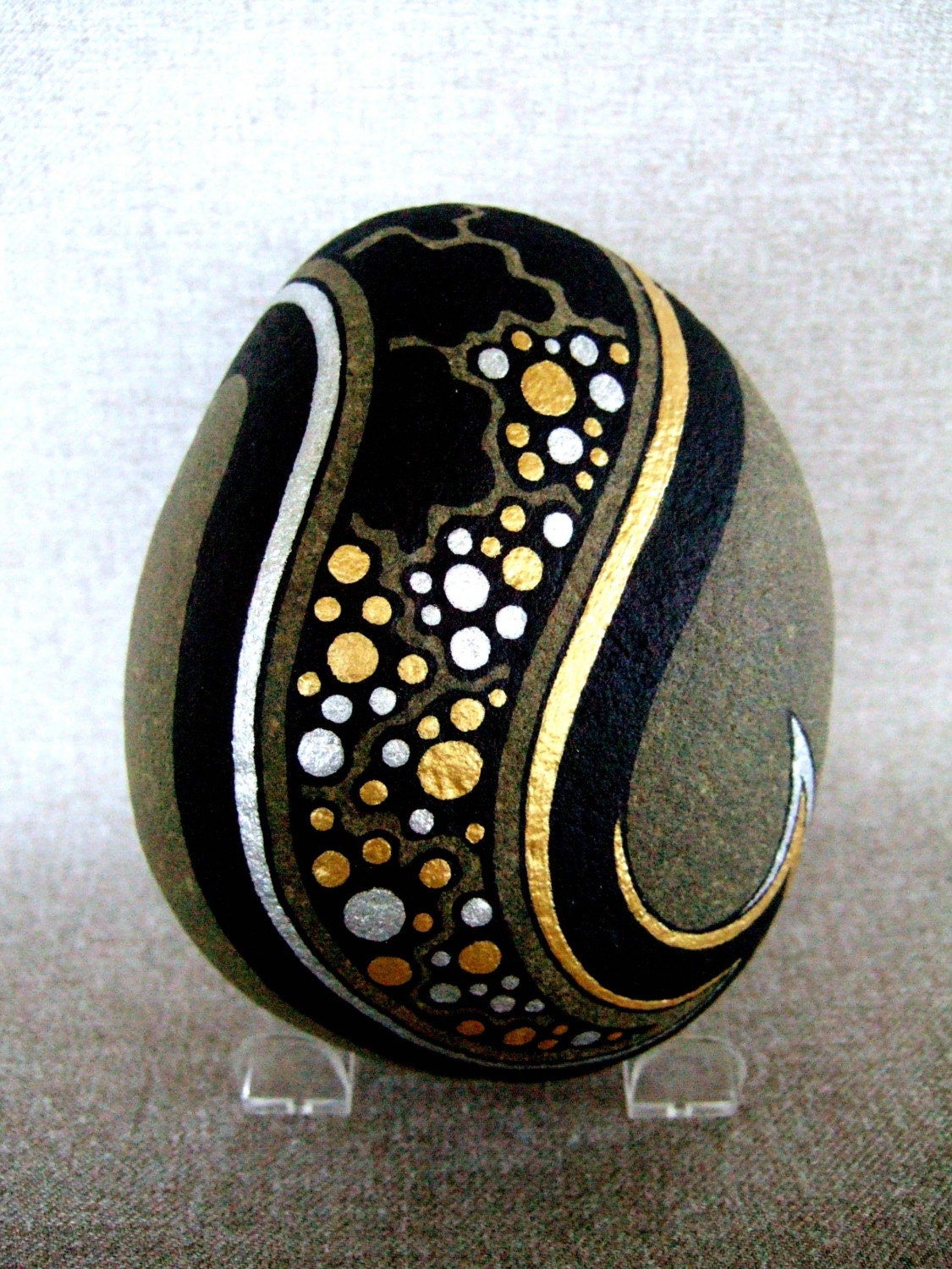 Painted Galaxy Design Rock, Black, Gold and Silver Stars