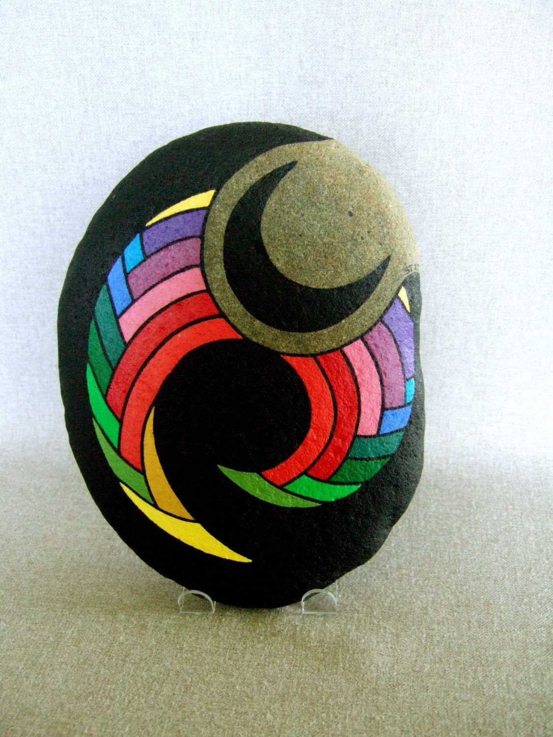 Unique 3-D Art, Hand Painted Rock, Home or Office Decor, Multi Colors on Black, OOAK, Perfect Gift For Someone Who Has Everything