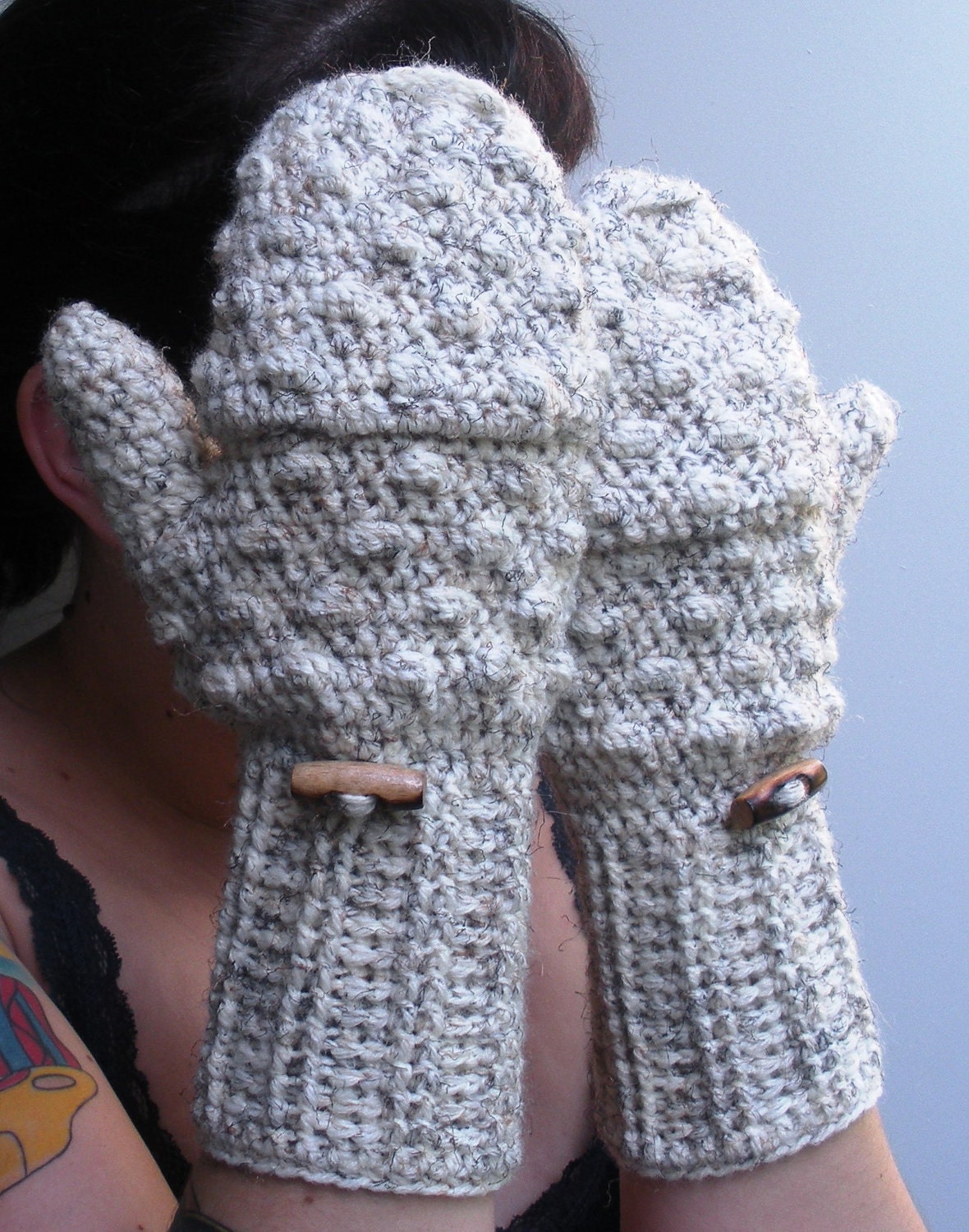 Convertible crochet fingerless glove mittens in Oatmeal, made to order. - luvbuzz Convertible crochet fingerless glove mittens in Oatmeal, made to order. - luvbuzz