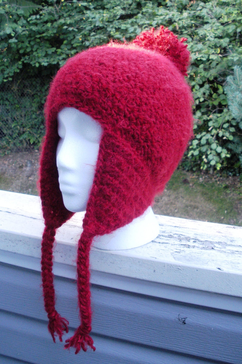 Ultra soft Crochet earflap beanie with pom pom poof in Deep Red, ready to ship.